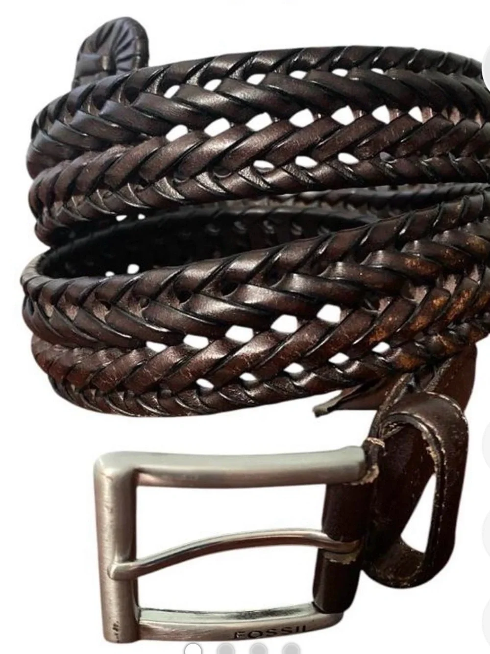 Fossil Mens Size 36 Dark Brown Braided Leather Belt Minimalist Square